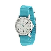 timex - t2n836d7 - weekender - petit modèle - montre femme - quartz analogique - cadran blanc - bracelet nylon turquoise