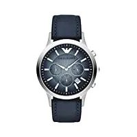 emporio armani montre pour homme, mouvement chronographe, boîtier en acier inoxydable argenté de 43 mm avec bracelet en cuir, ar2473