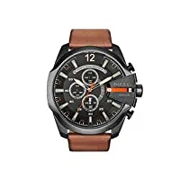 diesel montre pour homme mega chief, mouvement chronographe, boîtier en acier inoxydable noir de 51 mm avec bracelet en cuir, dz4343