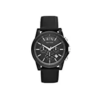 armani exchange montre pour homme, mouvement chronographe, boîtier en acier inoxydable noir de 44 mm avec bracelet en silicone, ax1326