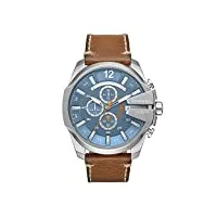diesel montre pour homme mega chief, mouvement chronographe à quartz, boîtier en acier inoxydable de 51 mm avec bracelet en cuir, dz4458