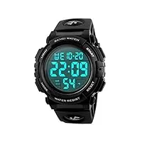 noir montre numérique pour homme sport en plein air montre de coque en silicone avec 5 atm étanche, chronographe, alarme