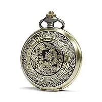 sewor bronze en émail craft motif japon mouvement à quartz montre de poche avec double chaîne (métal et cuir) (dragon et phoenix)