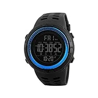 montre digitale sports homme etanche 50 m avec led en forme de 12 ou 24h avec alarme chronomètre couleur noir et bleu