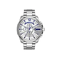 diesel chief series montre pour homme, mouvement chronographe avec bracelet en silicone, acier inoxydable ou cuir, argent et bleu, 51mm