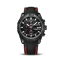 megir montre de sport analogique à quartz pour homme avec bracelet en silicone souple noir, chronographe, calendrier, fonction étanche (2055 noir)