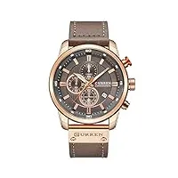 montre à quartz pour homme avec bracelet en cuir et chronographe étanche, gris doré., chronographe, mouvement à quartz