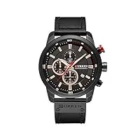 montre militaire à quartz pour homme avec bracelet en cuir et chronographe étanche, noir., chronographe, mouvement à quartz