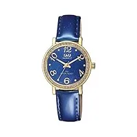 q&q montre-bracelet analogique à quartz pour femme - bleu et or - strass - en métal et cuir