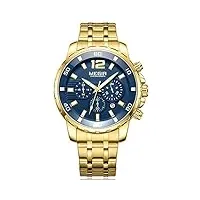 megir montre homme de luxe xl grand cadran bleu - bracelet en acier inoxydable or/gold - aiguilles lumineuses - militaire chronographe et imperméable
