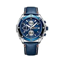 megir montre analogique à quartz pour homme avec chronographe et bracelet en cuir bleu
