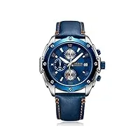 megir montre chronographe pour homme et femme - en cuir bleu - montre à quartz - style militaire, bleu, décontracté