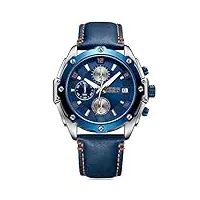megir montre homme décontracté analogique quartz bracelet en cuir bleu cadran bleu chronographe et etanche business style casual luxe montres