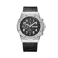 baogela montres homme montre de luxe bracelet cuir noir cadran noir argent grand boîtier militaire avec calendrier chronographe Étanche et lumineux xl