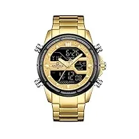 naviforce montre étanche multifonction en acier inoxydable analogique numérique led montre à quartz pour homme, doré, bracelet