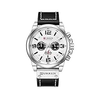 montre de luxe militaire à quartz étanche pour homme avec chronomètre en cuir, argenté/blanc, mode