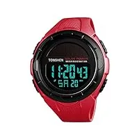 tonshen homme et femme outdoor militaire 50m etanche montre solaire plastique caisse et caoutchouc ruban led digitale sport montres bracelet chronomètre alarme date (rouge)