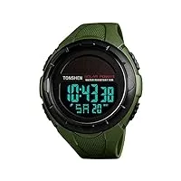 tonshen homme et femme outdoor militaire 50m etanche montre solaire plastique caisse et caoutchouc ruban led digitale sport montres bracelet chronomètre alarme date (vert)