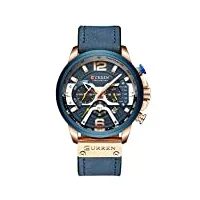 curren montre à quartz analogique pour homme avec calendrier et bracelet en cuir, bleu, chronographe