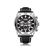 megir montre chronographe étanche à quartz analogique pour homme avec bracelet en cuir et affichage du calendrier, argenté., sangle