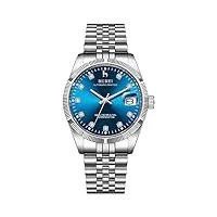 burei montre automatique pour hommes avec verre saphir cadran bleu marine et date avec bracelet en acier inoxydable argenté