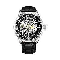 stuhrling original montre automatique pour homme - montre squelette pour homme - bracelet en cuir noir - montre mécanique argentée, noir, mécanique