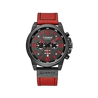 curren chronographe tendance tendance multifonction montre à quartz étanche bracelet en cuir montre militaire, noir/rouge, luxe