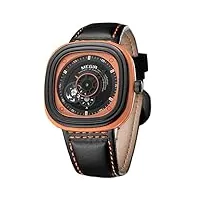 megir montres creuses automatiques mécaniques rectangulaires pour homme avec bracelet en cuir marron, cadran orange, édition limitée.