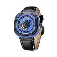 megir montres pour homme creux automatique mécanique rectangulaire avec bracelet en cuir noir, cadran bleu avec édition limitée