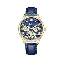 montres homme,ceinture de montre mécanique automatique dans le bas de la montre pour homme d'affaires simple, coquille d'or bleu