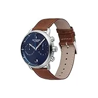 nordgreen pioneer montre chronographe pour hommes scandinave argenté 42mm avec cadran bleu marine et bracelet marron 14039