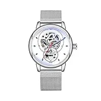 montres hommes,montre creuse entièrement automatique À la mode, maille d’argent avec surface blanche en coquille d’argent