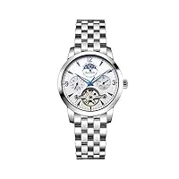 montres hommes,montre creuse de montre mécanique automatique d'affaires multifonctions, argent blanc bleu