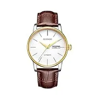 montres hommes,montre d'affaires Étanche ultra-mince simple entièrement mécanique, bracelet en cuir, cadran blanc en cuir brun doré