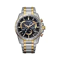 citizen eco-drive montre chronographe de luxe pcat pour homme, bracelet bicolore cadran noir, chronographe