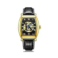 montres hommes,montre mécanique pour homme avec bracelet en cuir business barrel lumineux, boîtier en or, cadran noir, ceinture noire