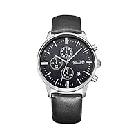 megir montre analogique à quartz pour homme - en acier inoxydable - Étanche - chronographe - noir, bracelet en cuir noir noir/argenté, sangle