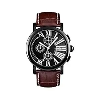 skmei sk9196var montre chronographe en cuir véritable pour homme affichage de la date chiffres romains noir, noir/élastique marron, sangle