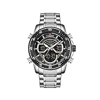 naviforce montre chronographe étanche à quartz analogique et numérique pour homme - en acier inoxydable - multifonction, argenté., bracelet