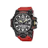 joefox montre homme digitale et analogique grand cadran, sport militaire de montres pour homme, bracelet en résine, etanche chronographe alarme date led (rouge)