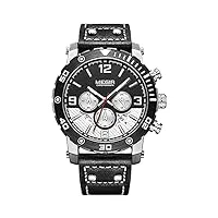 megir montre de luxe pour homme avec bracelet en cuir et chronographe - montre à quartz - style militaire - Étanche - lumineuse, blanc