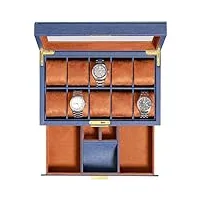 rothwell boîte à montres en cuir à 10 emplacements avec tiroir rangement - organiseur luxe - doublure en microdaim ultra doux - support montre verrouillable avec grand plateau en verre (bleu/beige)