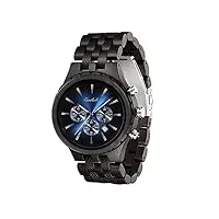 emibele montre en bois pour homme, bracelet-montre de 3 sous-cadrans avec fonction chronographe affichage de date, montre de mouvement à quartz fabriquée à la main avec bracelet réglable, noir & bleu
