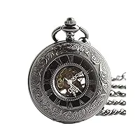 montre de poche, montre de poche mécanique squelette steampunk gothique noir vintage pour hommes avec cadeaux de chaîne