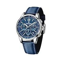 pagani design montre à quartz analogique pour homme avec chronographe et bracelet en cuir et nylon étanche doré, argent bleu pdys-008, sangle