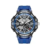 montre homme digitale et analogique grand cadran sport militaire de montres pour homme bracelet en résine etanche chronographe alarme date led,bleu