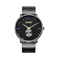 burei montre à quartz analogique pour homme - design minimaliste et classique - noir, doré w7, bracelet
