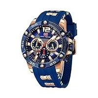 mf mini focus montre chronographe tendance et décontractée pour homme - Étanche jusqu'à 3 atm - calendrier lumineux - 24 heures - bracelet en silicone, bleu doré.