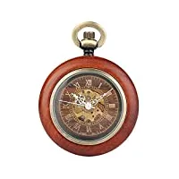 collier de montre de poche avec chaîne, pendentif de montre de poche romaine en grain de bois rouge vintage, montre de poche mécanique manuelle droite sans couvercle meilleurs cadeaux (rouge)