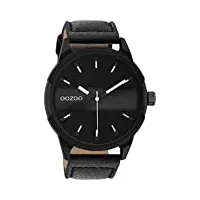 oozoo montre pour homme avec bracelet en cuir noir cousu de 48 mm de diamètre insert en métal dans le cadran, noir/gris foncé